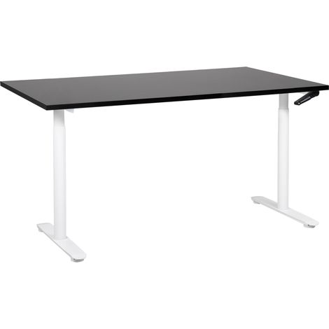 Escritorio de altura regulable manualmente oficina moderna patas redondas 160 x 72 cm tablero negro soporte de acero blanco DESTINAS (1/5)