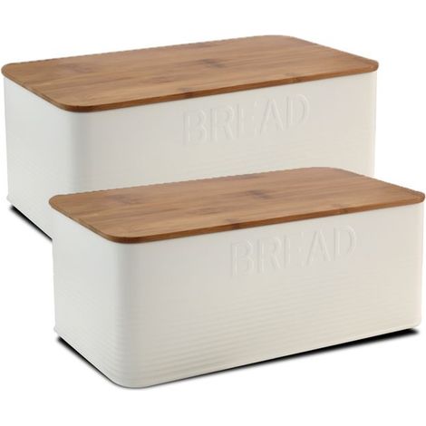 Boîte à pain - JUANIO - Lot de 2 - Métal & couvercle bambou - Grande capacité - 33x18x13 cm (1/5)