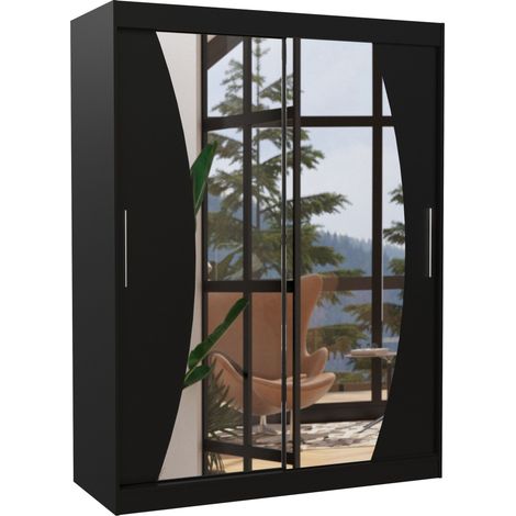 Armoire de chambre noir 2 portes coulissantes avec miroir Modela 150cm (1/5)