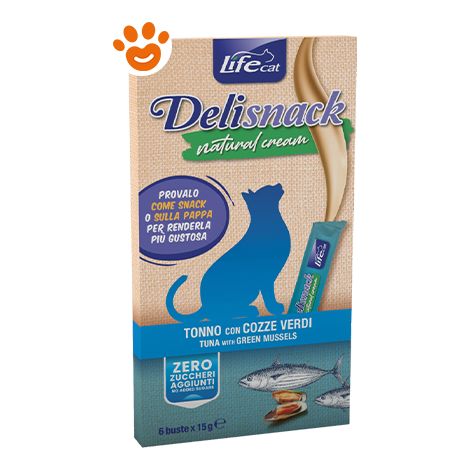 Life Cat Delisnack Natural Cream Tonno e Cozze Verdi - Life Cat Delisnack Natural Cream Tonno e Cozze Verdi - Confezione da 6x15 gr