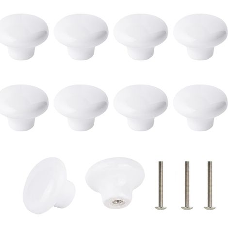 Set mit 10 weißen Keramikknöpfen, Keramik-Türgriffen, runden Vintage-Griffen für Küchenschubladen, 32 mm, inklusive Schrauben