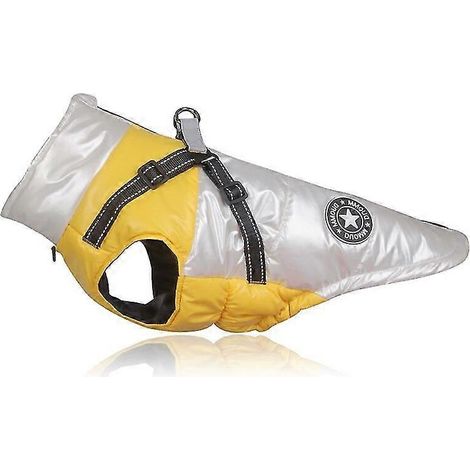 Chaqueta reflectante impermeable para perros grandes con arnés, ropa de invierno abrigada para perros grandes, abrigo para chihuahua y bulldog francés, conjunto 3 blanco y amarillo (1/5)