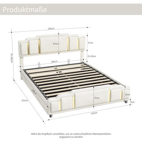Lit hydraulique 140x200 cm, tissu velours beige, double, tête et pied de lit avec liseré doré, design unique (1/5)