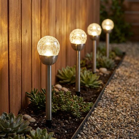 Kugelleuchte Außenlampe Solarleuchte, Gartenlampe in Bruchglas-Optik, Wegeleuchte, integrierter Akku, Edelstahl, silber, LED, DxH 6x24,5cm, 4er Set