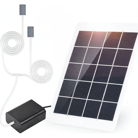 Kit de pompe à air solaire pour aquarium, oxygénateur, aérateur d'air, pompe à air solaire avec panneau solaire 3W 5V, tuyau d'oxygène et 2 pierres à bulles d'air. (1/5)