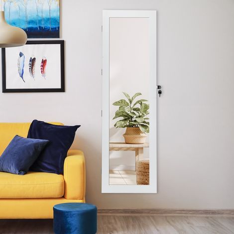 Armoire à bijoux murale avec miroir LED, 6 étagères, crochets, tiroirs et serrure, pour chambre et dressing (1/5)