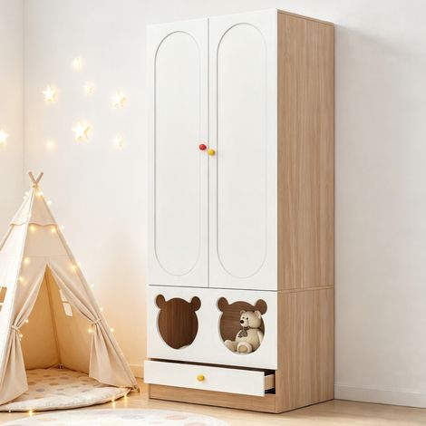 Armoire à 2 portes pour enfant, 80 x 50 x 200 cm, avec tringle et tiroirs, blanc et bois DESVIAE (1/5)