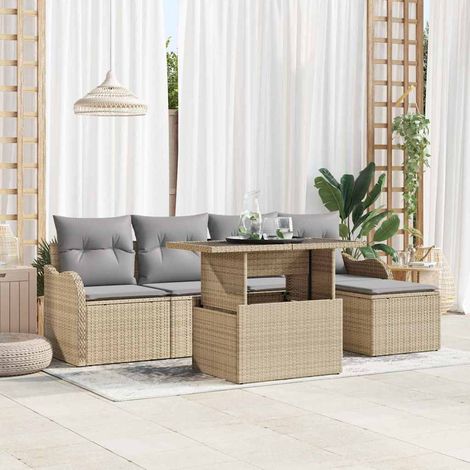 Sitzgruppe für den Outdoor mit Kissen 6 pcs Beige Poly Rattan