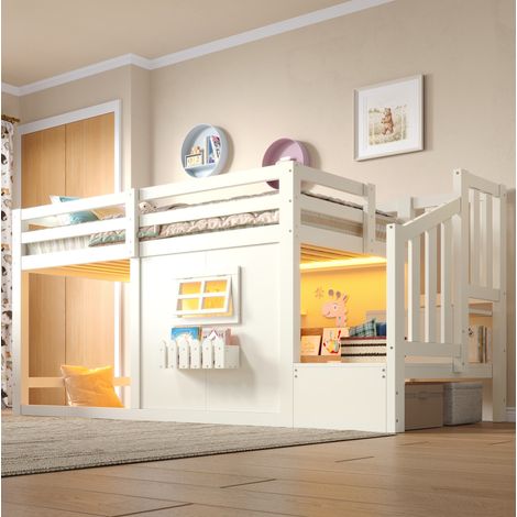Letto a soppalco 90x200 in legno bianco con scala contenitore, senza materasso – MEUBLIV (1/5)