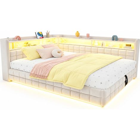 Canapé-lit 140x200 cm en velours beige avec coffre hydraulique, étagères intégrées, LED, prise, USB et Type-C, sommier à lattes, pour chambre  CHICFURN (1/5)