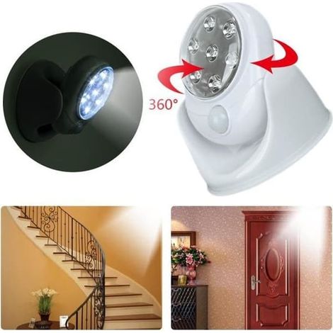 Lampe à détecteur de mouvement 360° avec 7 LED, rotation automatique, sans fil, pour mur, couloir, toilettes, etc. (1/4)