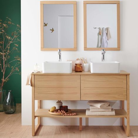 Mueble doble 120cm roble lavabos cuadrados grifos espejos ATOLL