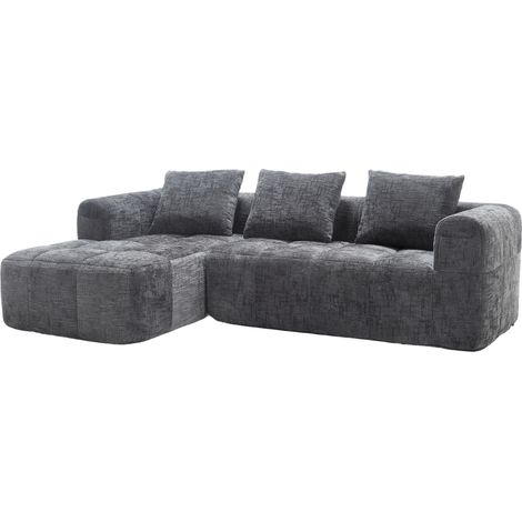 Canapé d'angle 3 places en chenille gris avec chaiselongue, coussins et poches latérales (1/5)
