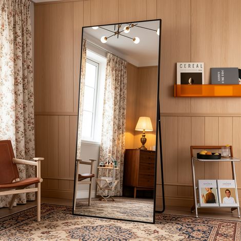 Miroir pleine longueur 180×80cm, miroir sur pied pouvant être posé ou fixé au mur, miroir sur pied avec verre trempé haute définition, miroir carré, style moderne,cadre en alliage d'aluminium, Noir