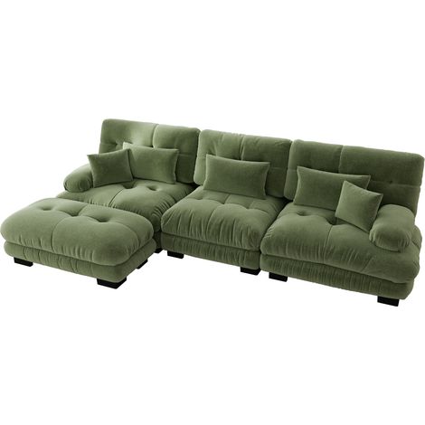Sofá esquinero modular L de chenilla verde con otomana (1/5)