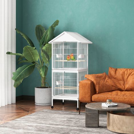 Volière cage à oiseaux sur roulettes design maison mangeoires perchoirs portes plateaux excréments amovibles métal - Modèle