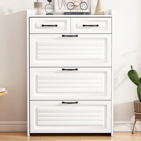 Zapatero de aglomerado blanco con 3 puertas abatibles y 2 cajones, tiradores metálicos, 80 x 23,5 x 131 cm