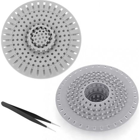 Lot de 2 tamis de vidange en silicone - Ronds - Avec pince de nettoyage - Pour salle de bain, baignoire et cuisine - Gris (1/5)