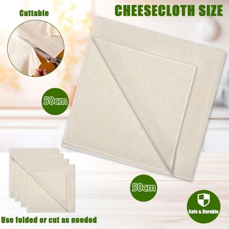 Mussola di cotone non sbiancato per uso alimentare, 50x50 cm, fine, lavabile, resistente al calore, ideale per filtrare succhi di frutta, formaggio, tè e spezie, confezione da 4 pezzi. (1/3)