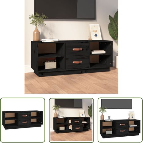 The Living Store Meuble TV Noir 100x34x40 cm Bois de pin massif - Meubles Tv - Meuble Tv - Support Tv - Unité Tv - Bois Massif (1/5)