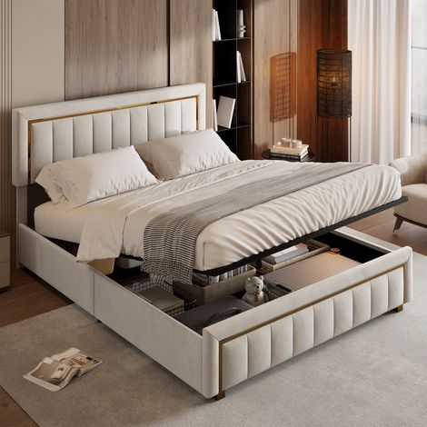 Cama doble tapizada 140x190 cm - Cabecero con detalles dorados - Somier de lamas - Espacio de almacenamiento - Beige (1/5)