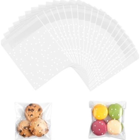 100 petits sachets transparents en cellophane 10x10cm à pois blancs Autocollants Bonbons/Bijoux/Chocolats/Biscuits/Mariage/Fête (1/5)
