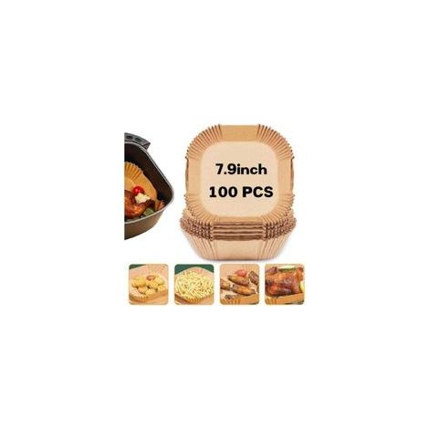 Lot de 100 doublures jetables carrées pour friteuse à air comprimé, 20 cm, pour friteuse à air comprimé, résistant à l'huile et à l'eau, pour friteuse à air comprimé, cuiseur vapeur, micro-ond (1/5)