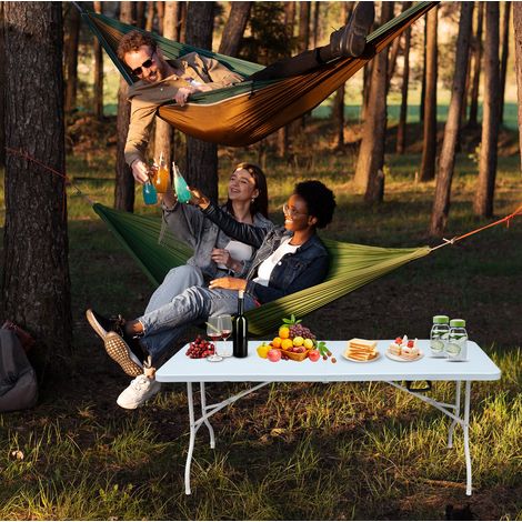 Table pliante robuste portable 180 cm avec poignée - Charge max 135 kg - Blanc (1/5)