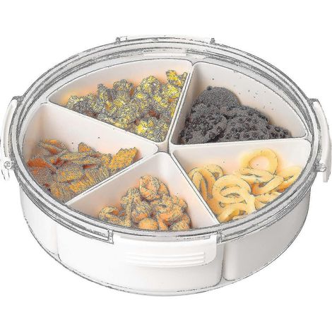 Plateau de service rond en plastique blanc avec couvercles et 5 compartiments individuels pour conserver les aliments, plateau de service pour les collations, les fruits, les légumes, les bonbons (1/5)