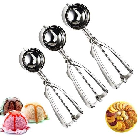 Cuillère à glace en acier inoxydable poli, avec poignée ergonomique, disponible en 3 tailles : grande (6 cm), moyenne (5 cm) et petite (4 cm).
