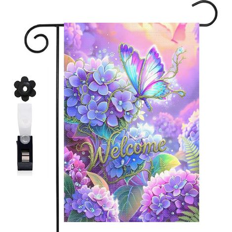 Drapeau de jardin 30 x 45 cm motif hortensias et papillon volant style conte de fées toile double face (1/5)