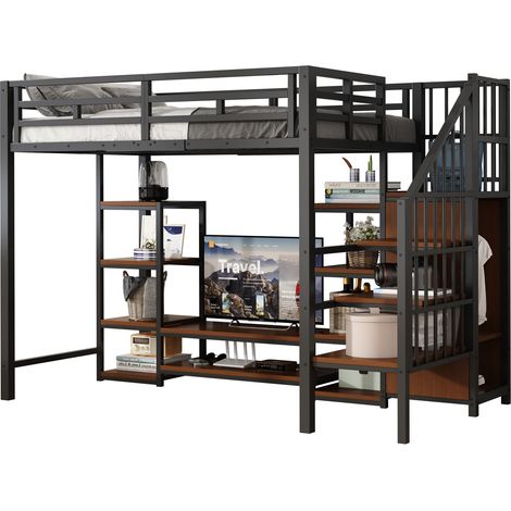 Lit mezzanine 90x200 cm métal et MDF noir avec support TV, prise intégrée et échelle de rangement (1/5)
