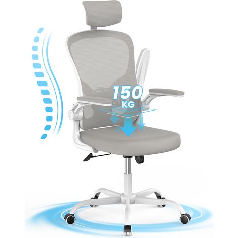 Rattantree – Sedia da ufficio ergonomica – Con braccioli ribaltabili a 90° – Regolabile in altezza da 45-55 cm – Girevole a 360° – Angolo di inclinazione da 90-120° – carico 150 kg – Grigio