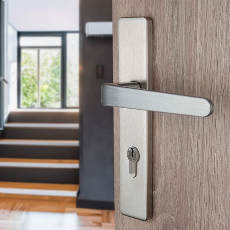 Ouvre&Déco – 2 poignées universelles DUALFIT sur plaque carrée CELIO trou de cylindre, Aluminium laqué nickel mat bi-entraxe 165-195