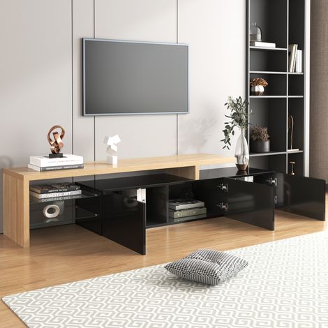 Mobile TV 197,5x39x42cm con 3 ante, adatto per TV da 80 pollici, ripiani in vetro, senza maniglie, adatto per soggiorno, MDF, colore nero e naturale (1/5)