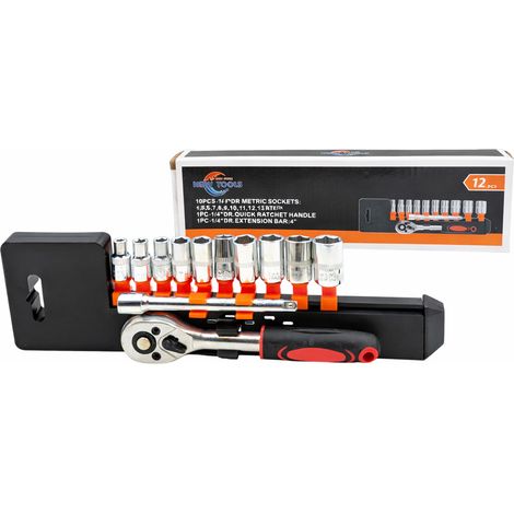SET DI CHIAVI A BUSSOLA DA 1/4" 12 PEZZI - CRICCHETTO + PROLUNGA 4" METRICA 4-13MM