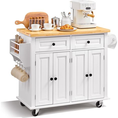 Îlot de cuisine roulant avec plan de travail en bois massif, 90 cm, armoire de rangement, étagère à épices, porte-serviette et tiroir, blanc. (1/5)