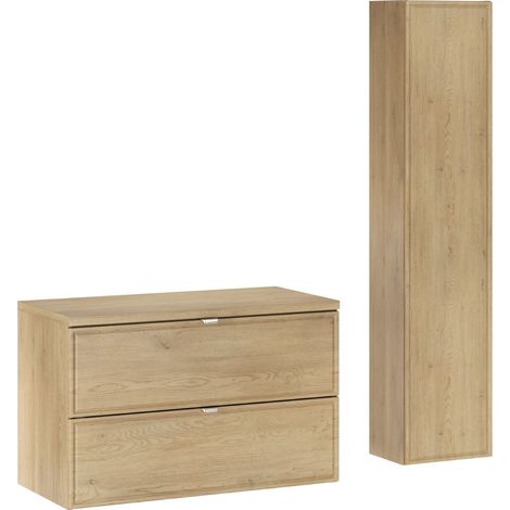 Ensemble meuble salle de bain suspendu 80 cm TERRA CREMONA chêne avec plan et colonne 30 x 140 cm