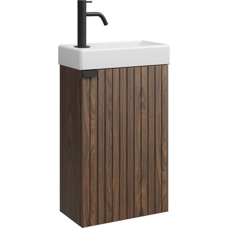 Badplaats – Meuble bas de salle de bain suspendu 40 x 22 cm – Vasque céramique incluse – Panneau cannelé – Noyer brun – Fermeture softclose