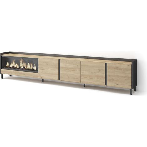 Skraut Home - Mueble TV, Televisión, Muebles de salón, almacenaje, 315x35x61cm, Para TV hasta 80", Chimenea eléctrica XXL, Diseño industrial, Estilo Moderno, Roble y negro (1/5)