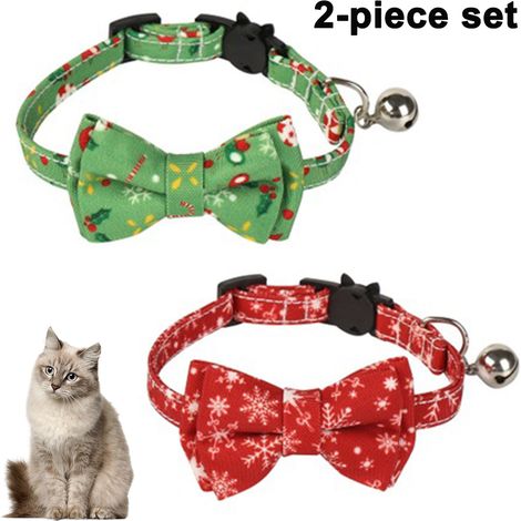 Lot de 2 colliers de Noël pour chat, à ouverture facile, avec joli nœud papillon et clochette, pour une sécurité optimale de votre animal. (1/5)
