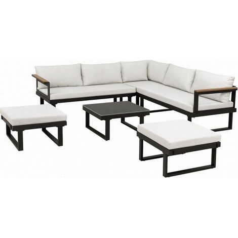 Salon de jardin d'angle 7 places - Aluminium - ALMARA - Canapé d'angle + 2 tabourets + table - Ecru