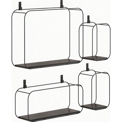Set de 4 estantes de pared industriales negros de metal y MDF, geométricos (1/5)