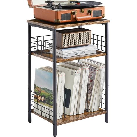 Table de Chevet, Bout de canapé, Meuble Tourne Disque Vinyle, Table d’Appoint 3 Niveaux Rangement, Support de platine, pour Salon, Chambre, Bureau, 40×29×62.5CM Marron HST009H (1/5)