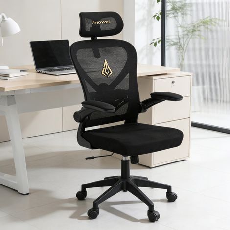 Fauteuil de bureau ANDYOU en fausse fourrure et maille, avec fonction bascule pivotante, noir Fauteuil de bureau ANDYOU en fausse fourrure et maille, avec fonction bascule pivotante, noir