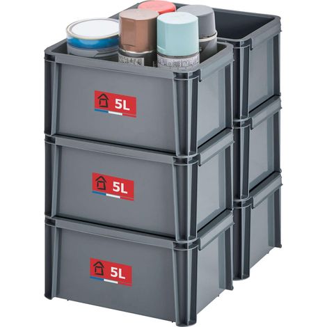 lot de 6 bacs de rangement 5L en plastique recyclé, robustes et renforcés, parois droites, superposables et combinables, idéals pour l’atelier, le bricolage ou le transport (1/5)