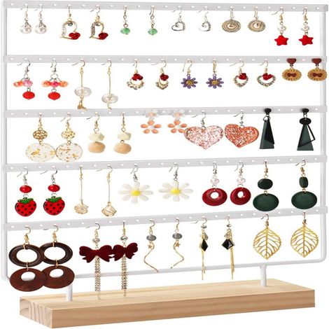 Organisateur Boucles Doreilles - 5 Niveaux 120 Trous - Socle Bois Amovible - Rangement Presentation Bijoux - 1 Piece (1/5)