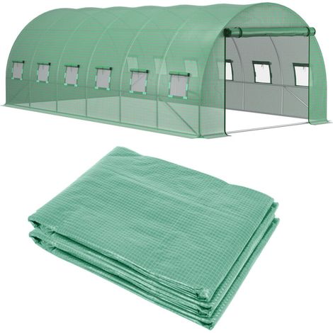Serre de jardin Outsunny Bâche de Rechange Serre Tunnel 18 m², bâche 6 x 3 x 2 m PE Anti-UV imperméable 12 fenêtres + Porte Enroulable zippée vert (1/5)