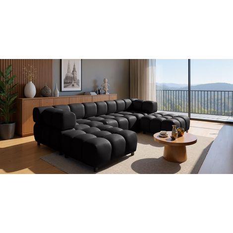 Sofa Designersofa FLOW 3-Sitzer inkl. 2 x Polsterhocker Stoff Bluvel Schwarz