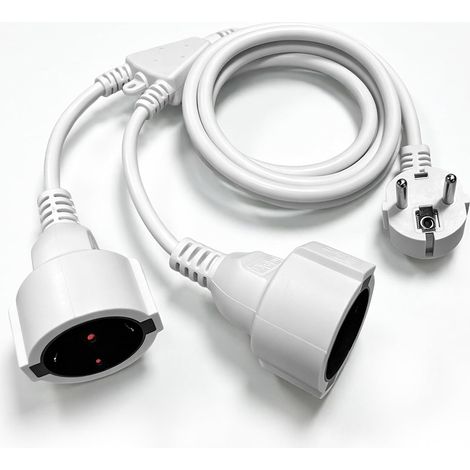 Double prise pour prise de courant, 2 prises, 2 m, Schuko, adaptateur de prise, multiprise, pour la maison, la cuisine, le bureau, 1,5 mm², blanc (1/5)